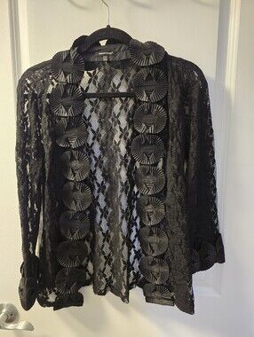 Samuel Dong Black Sheer Lace Open Cardigan with Rosette Trim